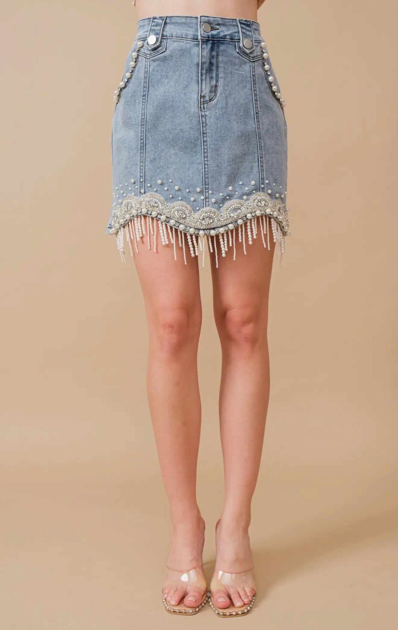 Stretch Denim Embellished Pearl
Fringe Mini Skirt