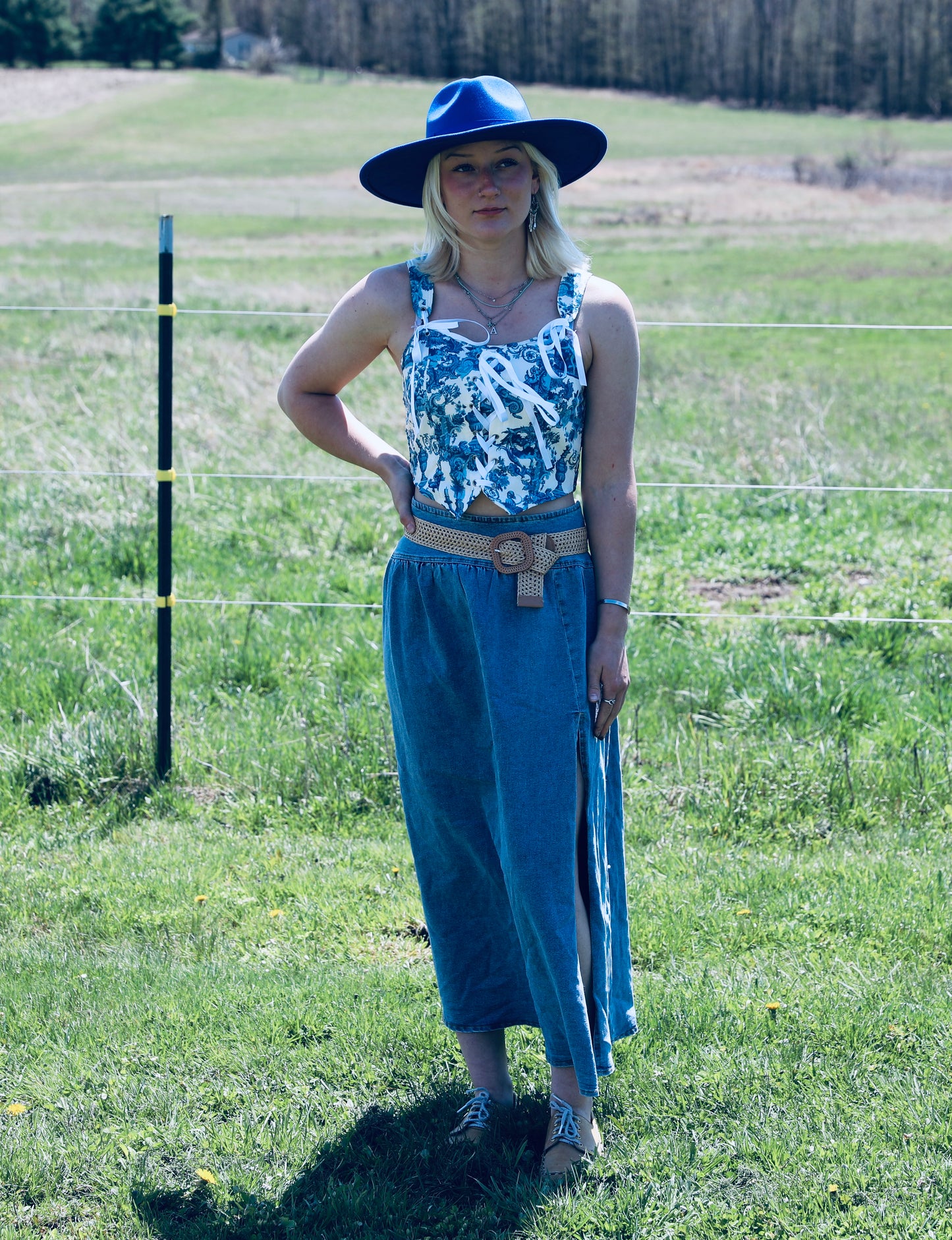 Midi Denim Skirt with Center Thigh Slit