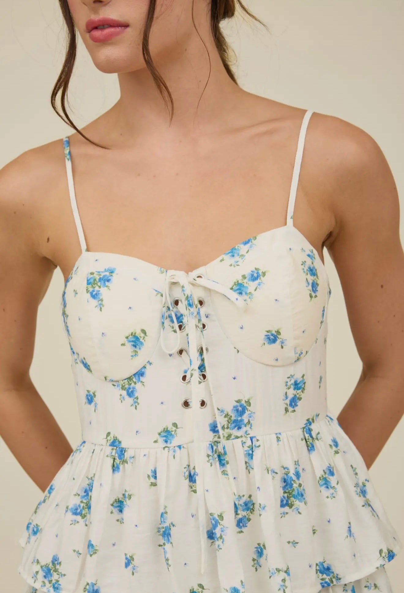 Floral Front Lace Up Ruffle Tiered
Mini Dress