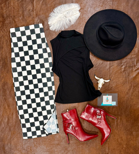 Hi-Waist Checkered Midi Pencil Skirt w/ Side Slit