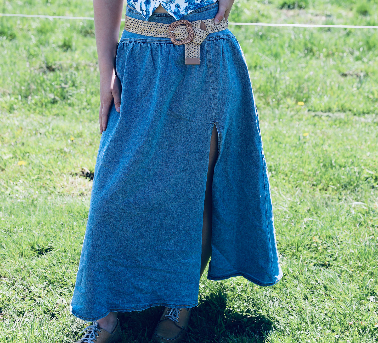 Midi Denim Skirt with Center Thigh Slit