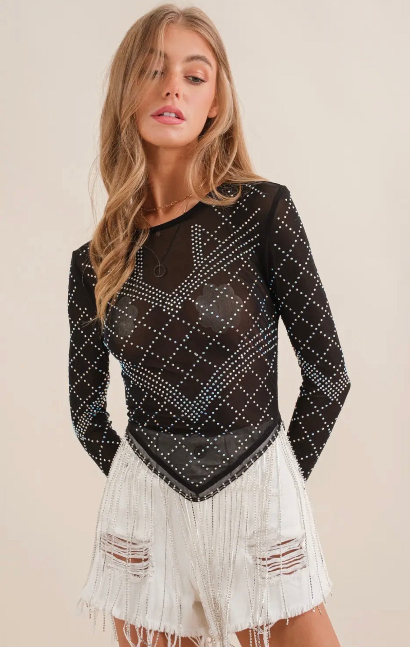 Stretch Mesh Studded
Rhinestone Fringe Long SLV Top
