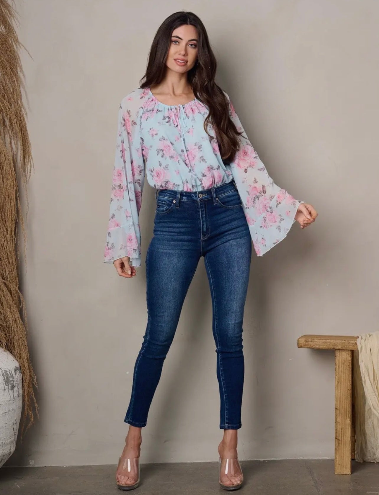 Long Bell Sleeves Floral Bodysuit