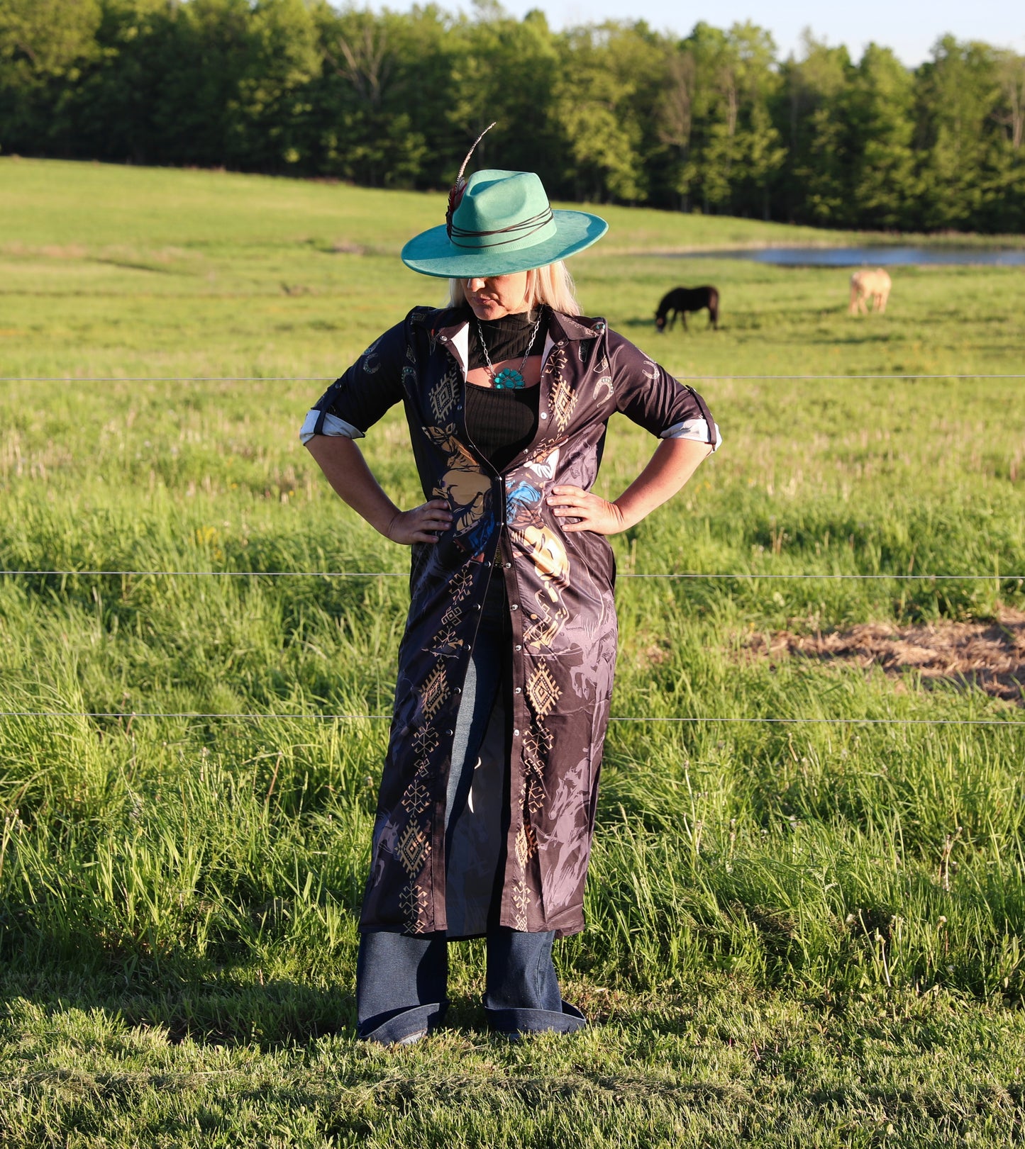 Black Riding Cowboy Aztec Button Down Dress Duster