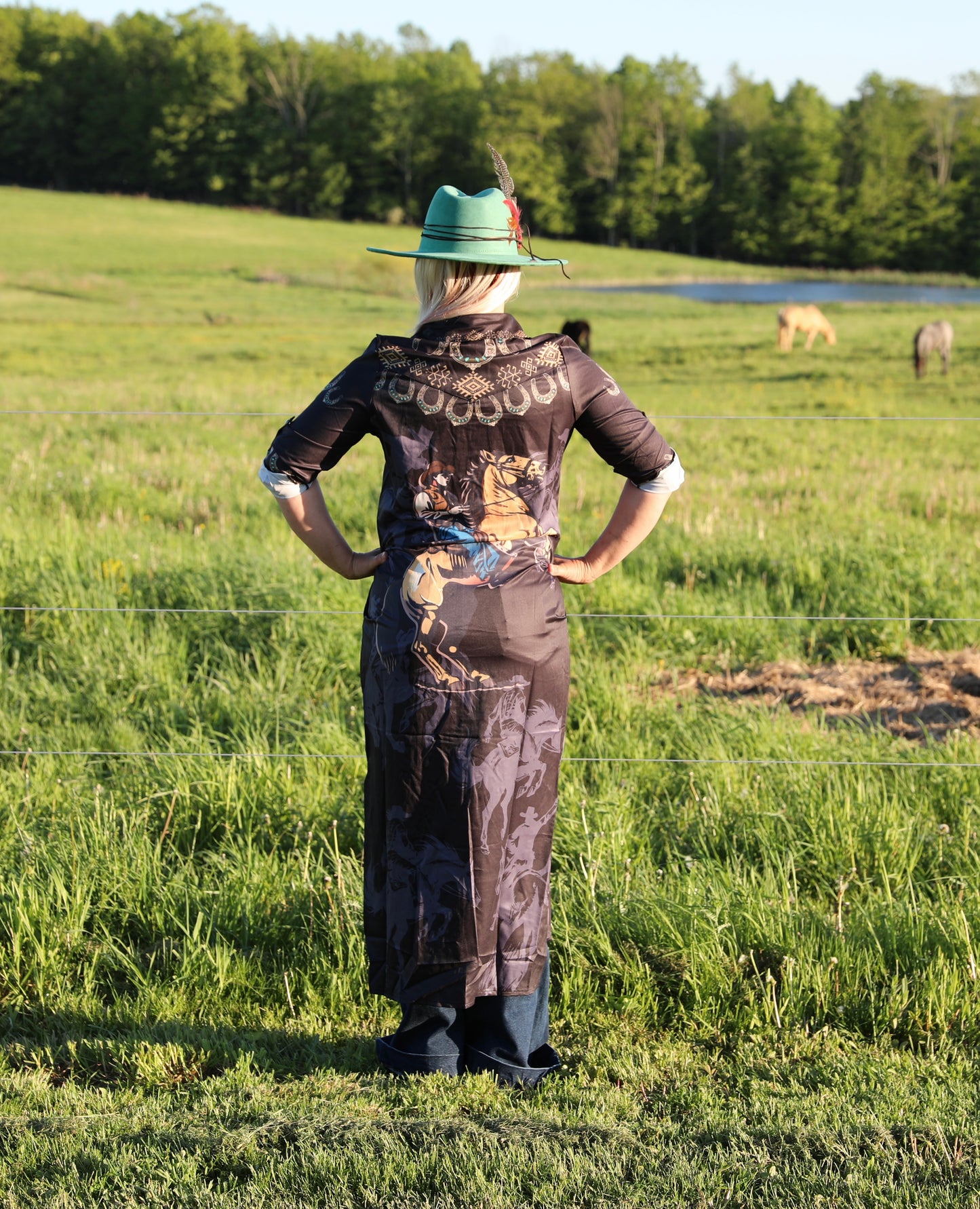 Black Riding Cowboy Aztec Button Down Dress Duster