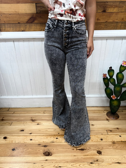 Petra153 Gray Button Up Super High Rise Stretch Extreme Flare