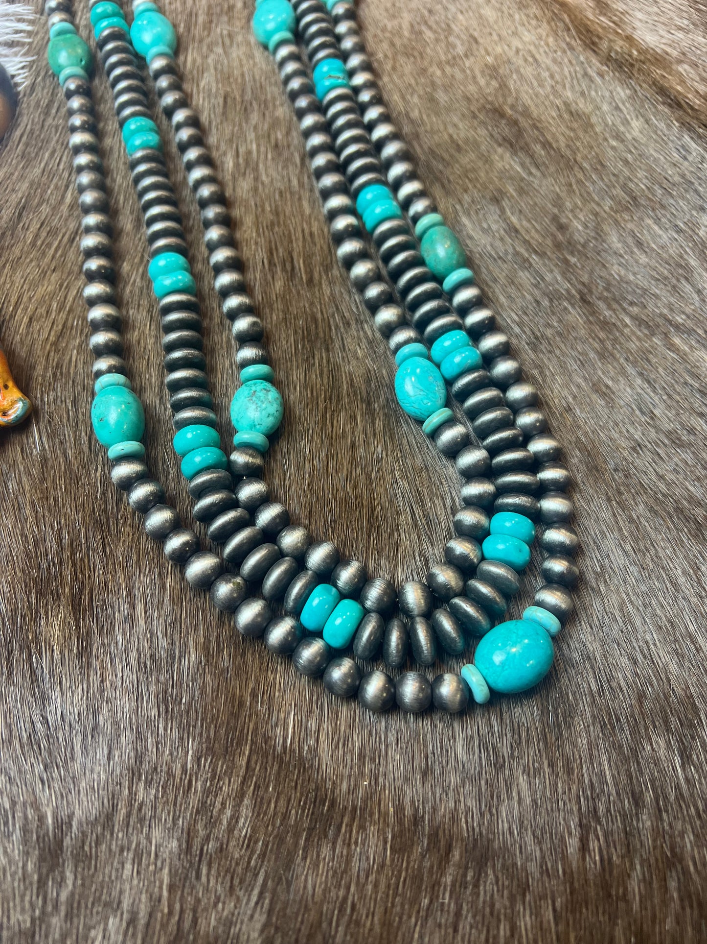 Tri-Strand Silver Beaded Necklace with Turquoise Stones