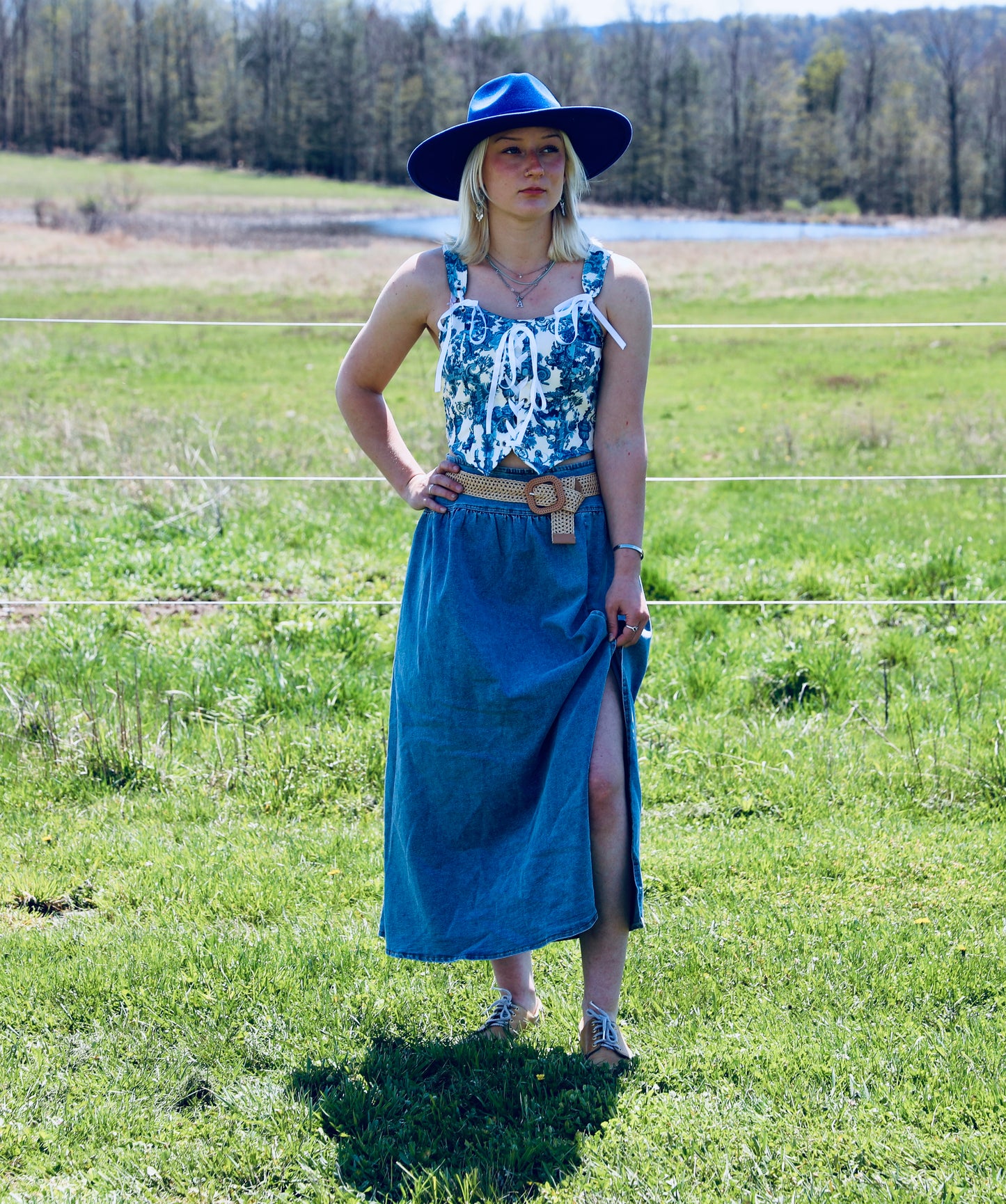 Midi Denim Skirt with Center Thigh Slit