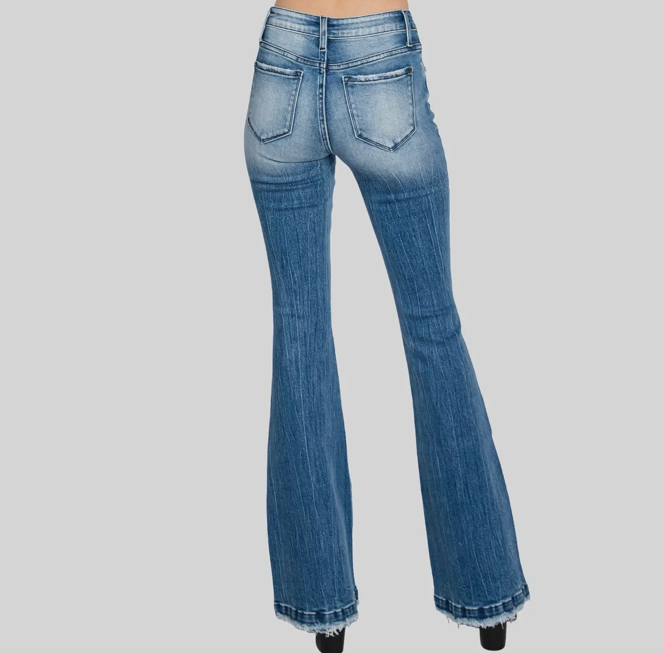 Petra153 Distressed Mid Rise Stretch Flare With Trouser Hem Jeans