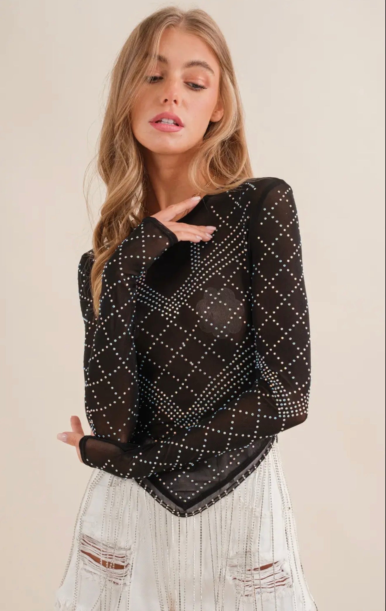 Stretch Mesh Studded
Rhinestone Fringe Long SLV Top