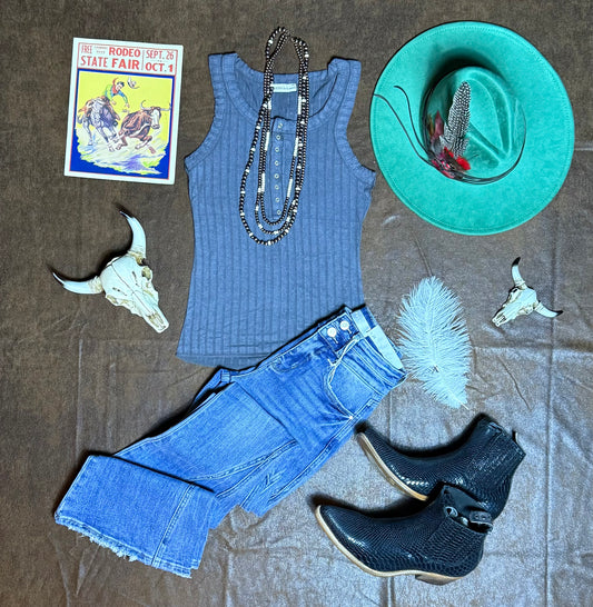 Zenana Washed Ribbed Scoop Neck Henry Tank Top in Ash Grey