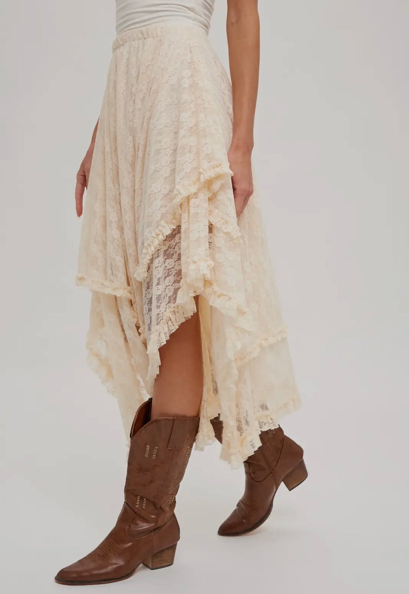 Ecru Lace Tier Midi Skirt