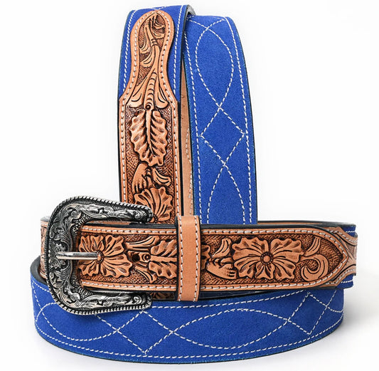 American Darling Royal Blue Suede Western Belt - Tooled
Leather Inlay & Silver Buckle