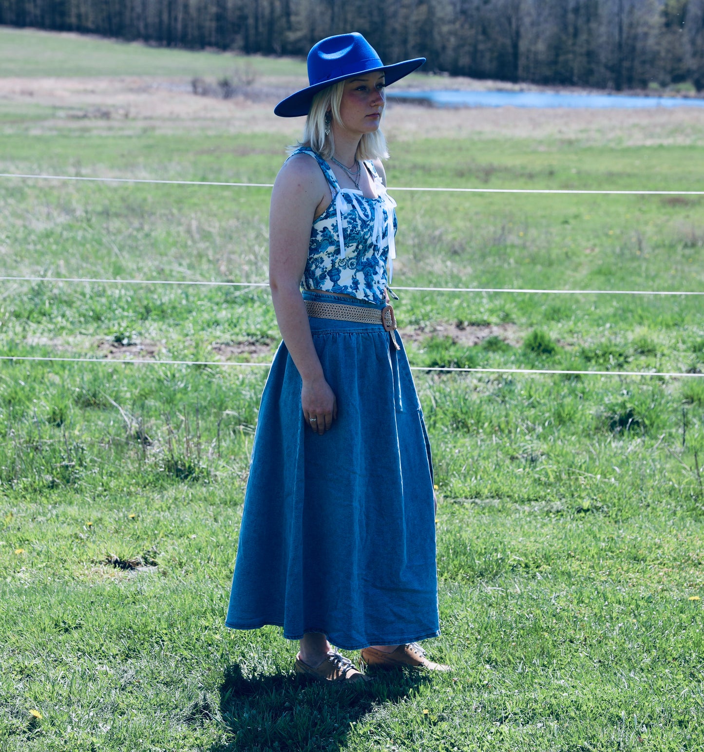 Midi Denim Skirt with Center Thigh Slit