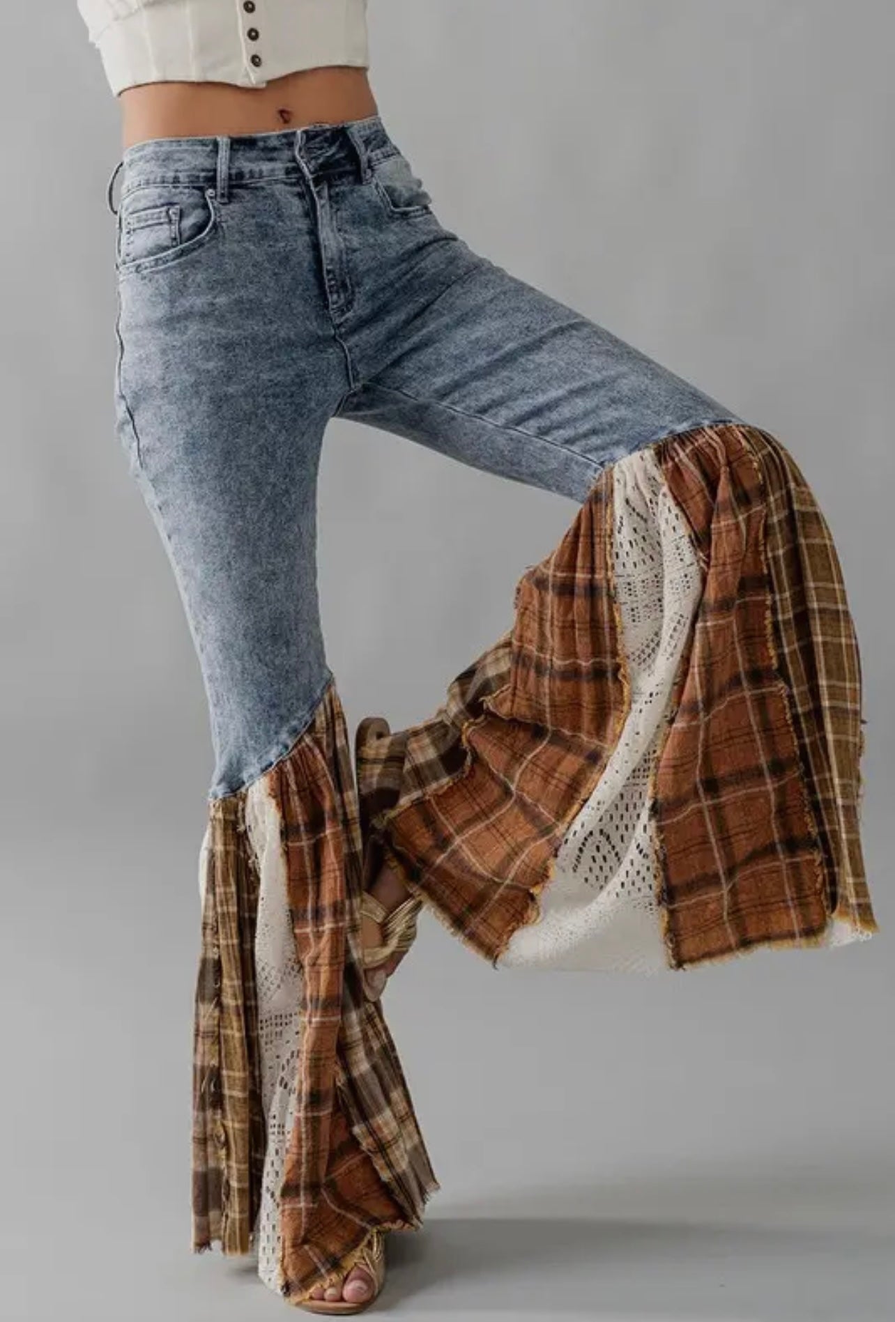 Crochet Plaid Flare Denim Jeans