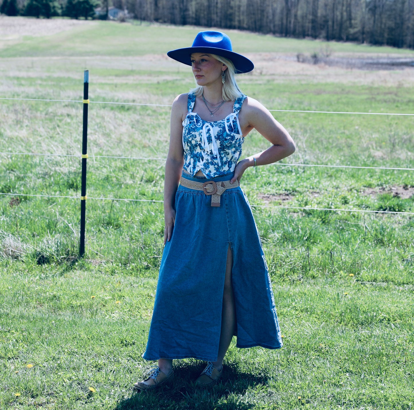 Midi Denim Skirt with Center Thigh Slit