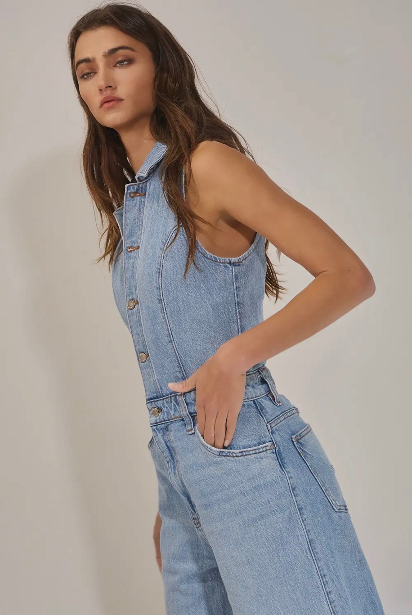 Collared Wide Leg
Denim Jumpsuit