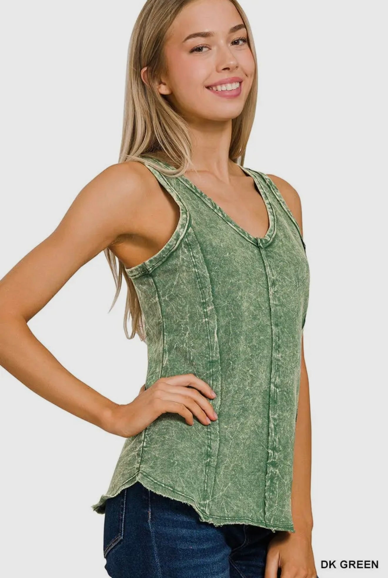 Zenana Crinkle Washed F/Terry Raw Edge Top in Dark Green