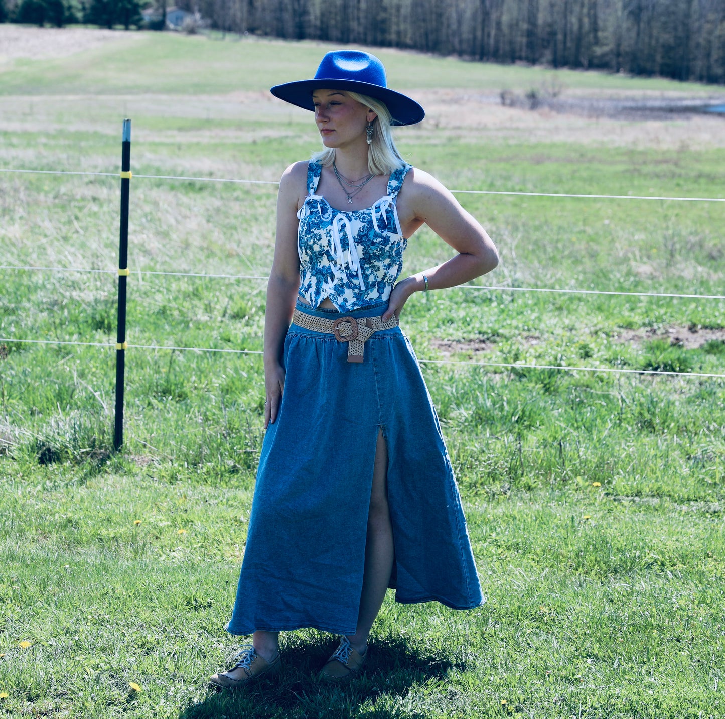 Midi Denim Skirt with Center Thigh Slit