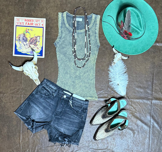 Zenana Washed Ribbed Scoop Neck Tank Top in Ash Grey