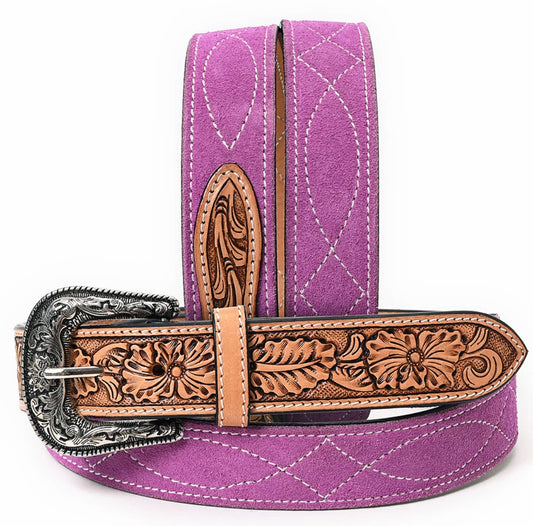 American Darling Pink Suede Western Belt - Tooled Floral Leather Belt