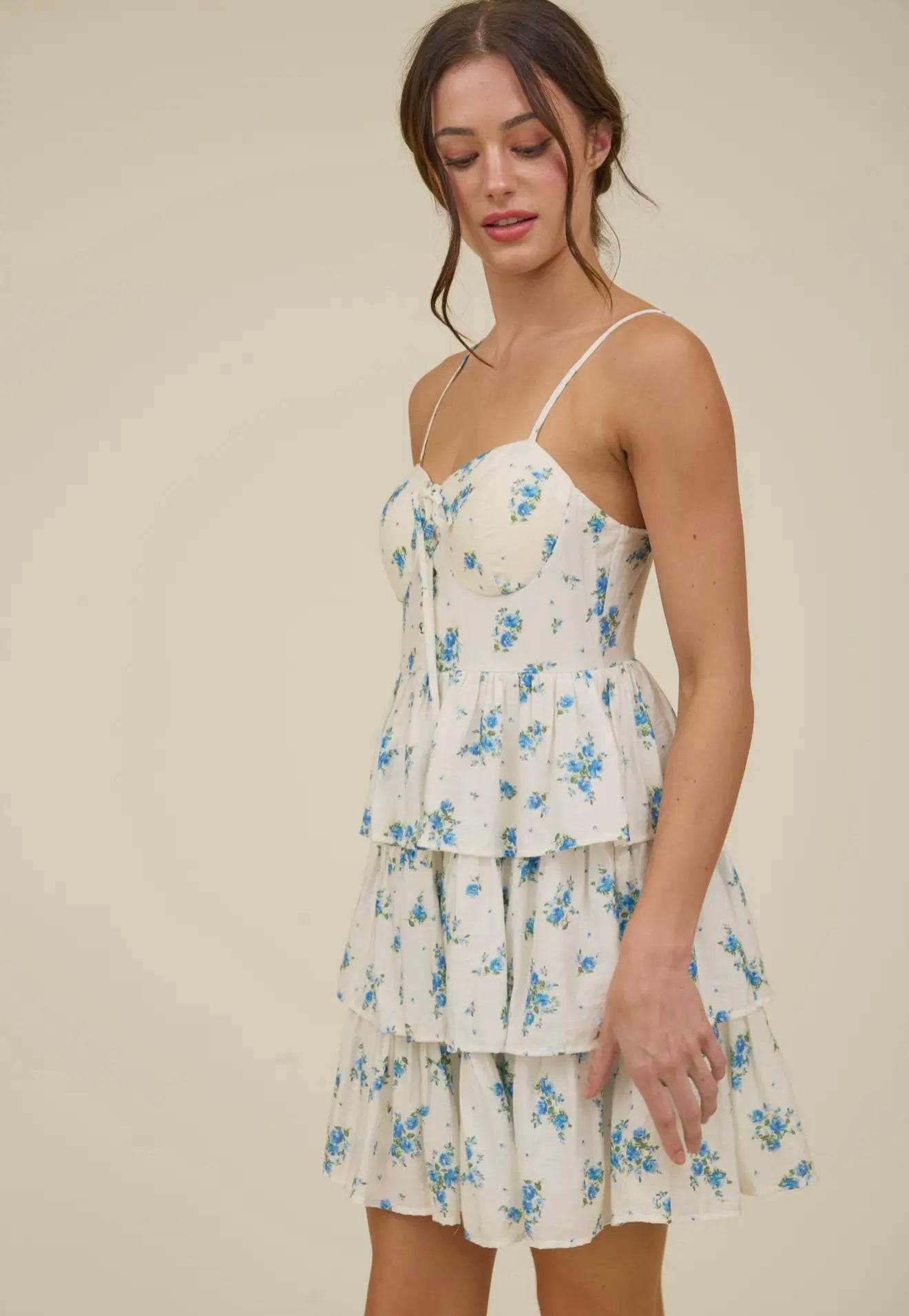 Floral Front Lace Up Ruffle Tiered
Mini Dress