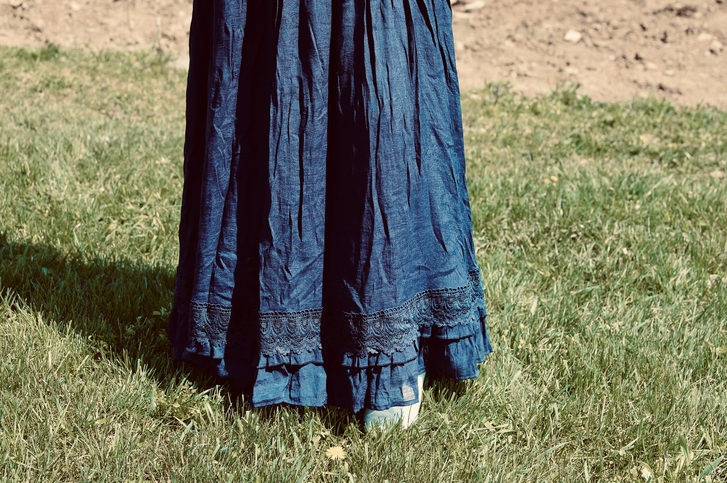 Navy V-Neck Lace Trim Maxi Dress