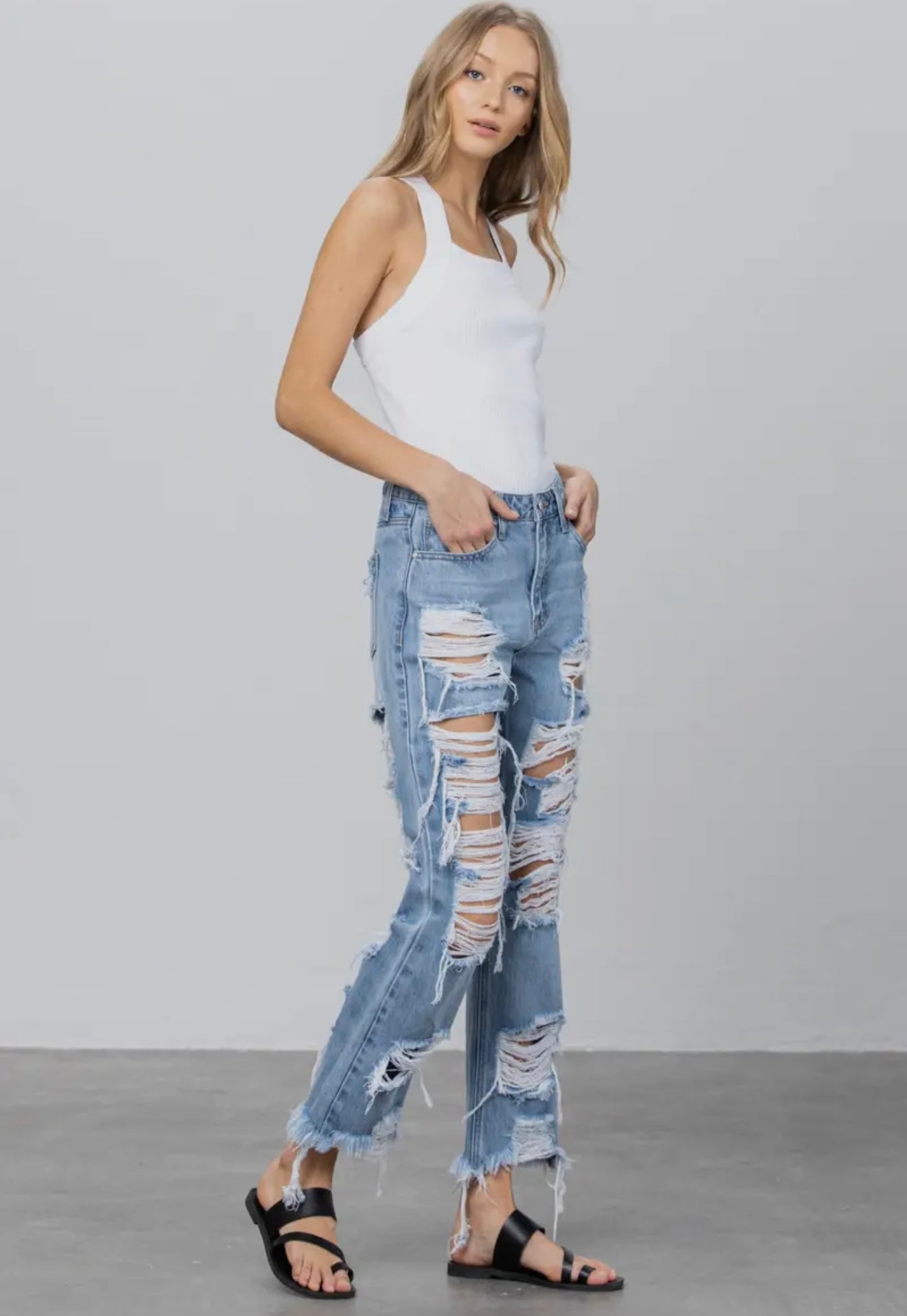 High Rise Heavy Destroyed Frayed Hem Straight Jeans