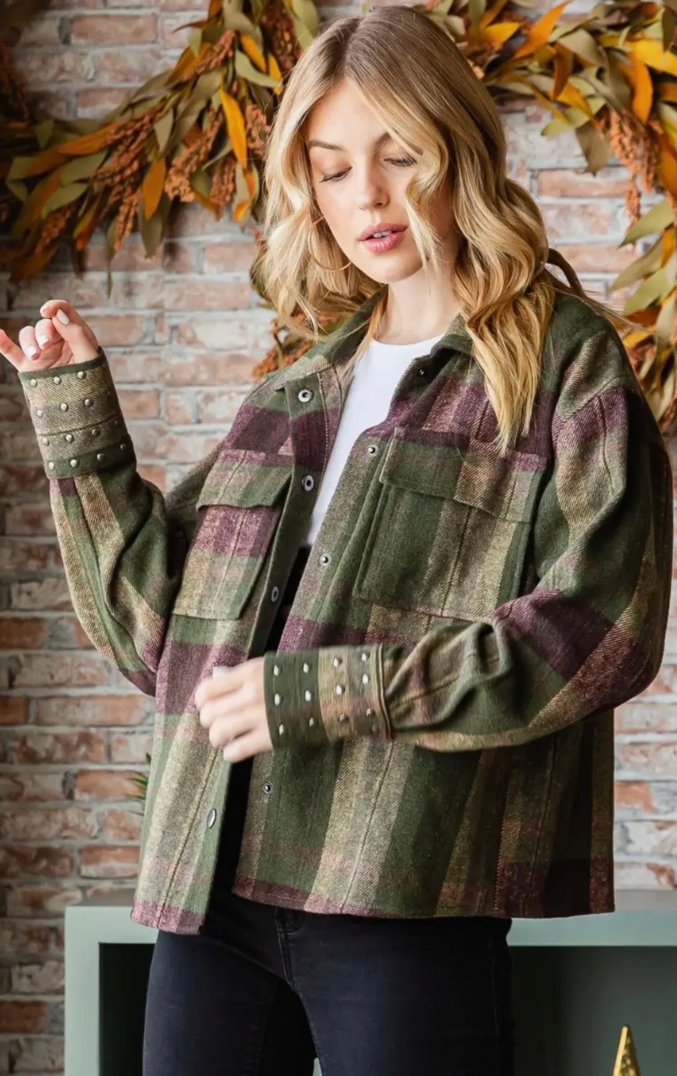 Plaid Stud Cuff Shirt Jacket in Olive