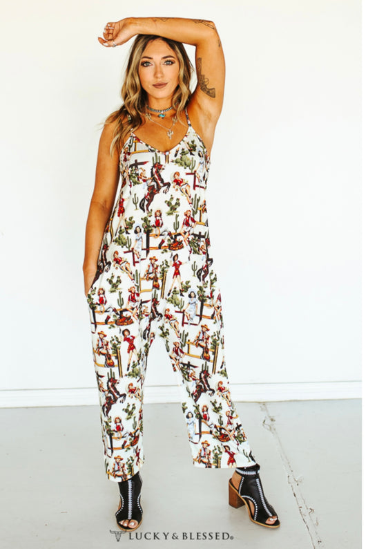 Preorder WESTERN COWGIRL PINUP SPAGHETTI STRAP JUMPSUIT
