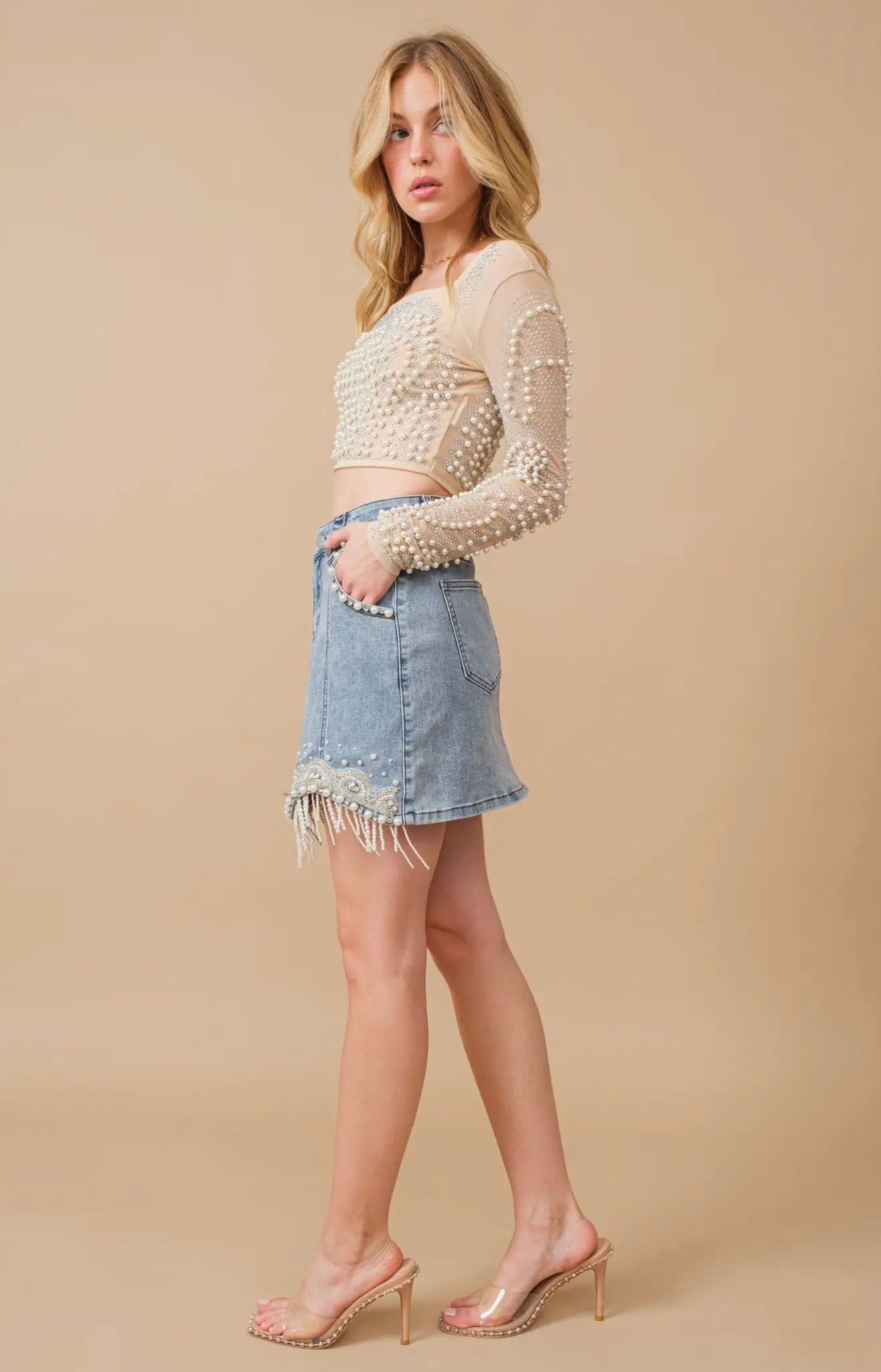 Stretch Denim Embellished Pearl
Fringe Mini Skirt