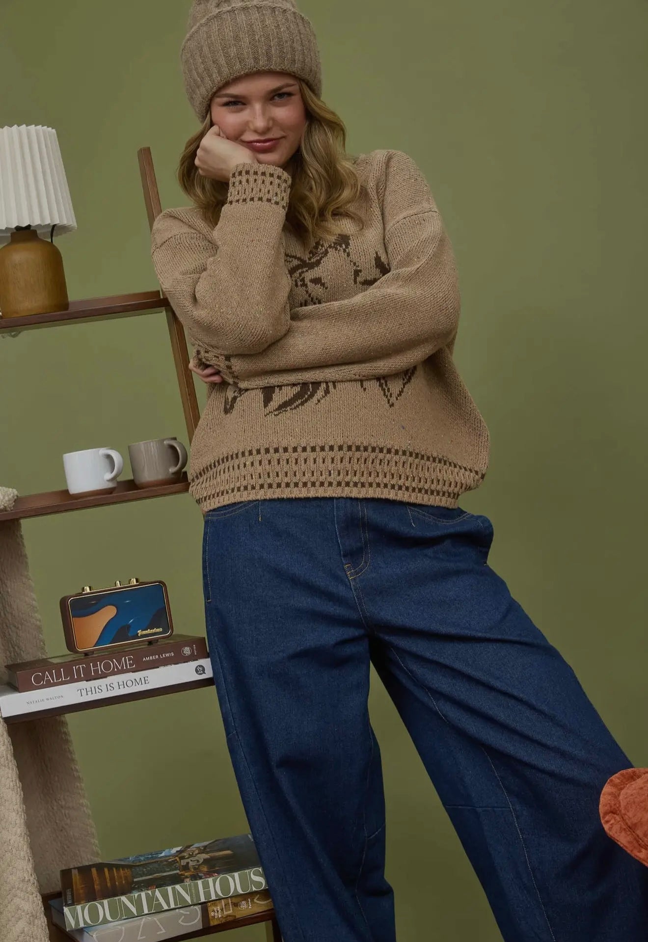 Horse Jacquard Long Sleeve Knit Sweater