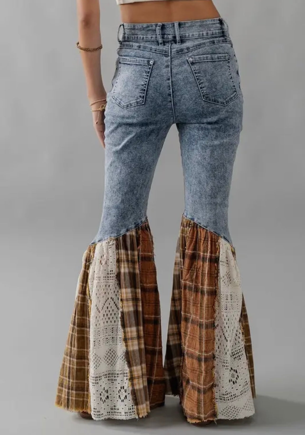 Crochet Plaid Flare Denim Jeans
