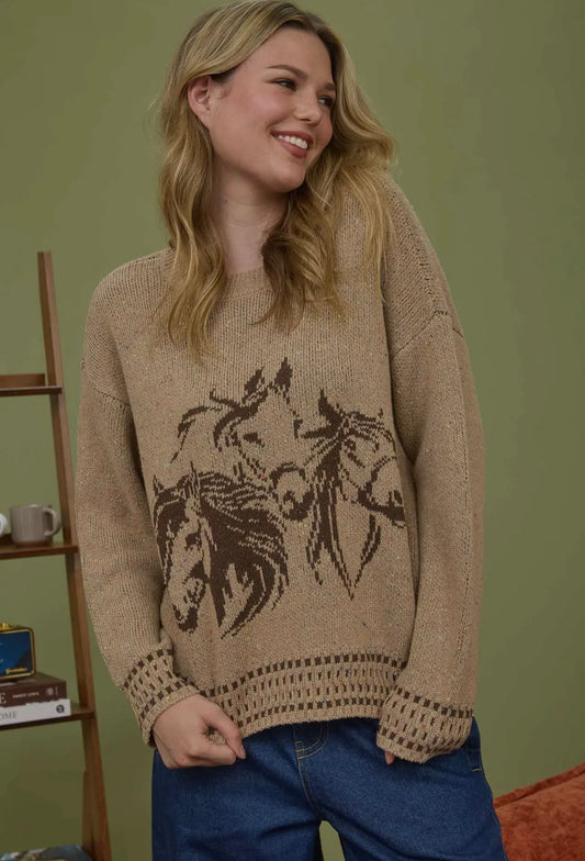 Horse Jacquard Long Sleeve Knit Sweater