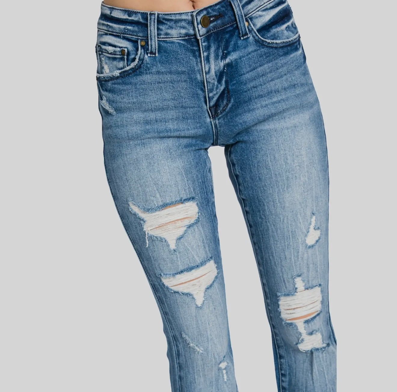 Petra153 Distressed Mid Rise Stretch Flare With Trouser Hem Jeans