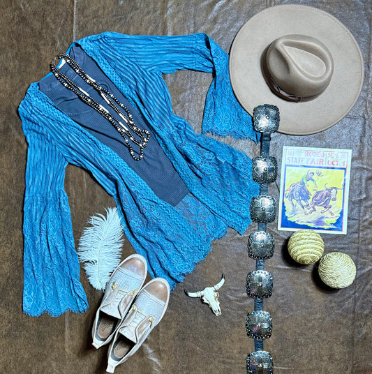 Country Chic Detailed Lace Kimono, French Blue