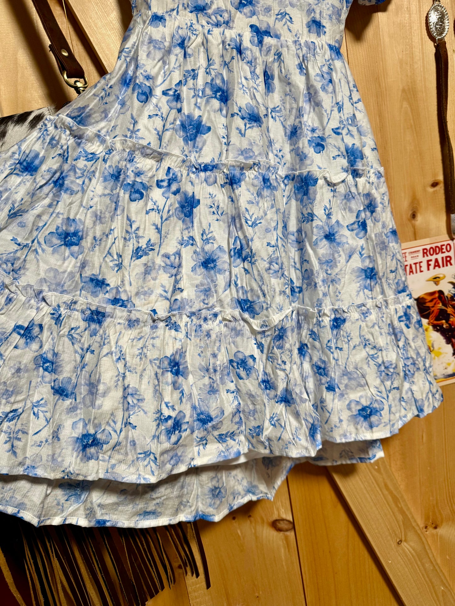 Blue Floral Open Back with Tie Tiered
Mini Dress