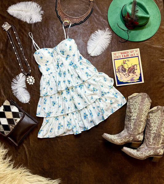 Floral Front Lace Up Ruffle Tiered
Dress