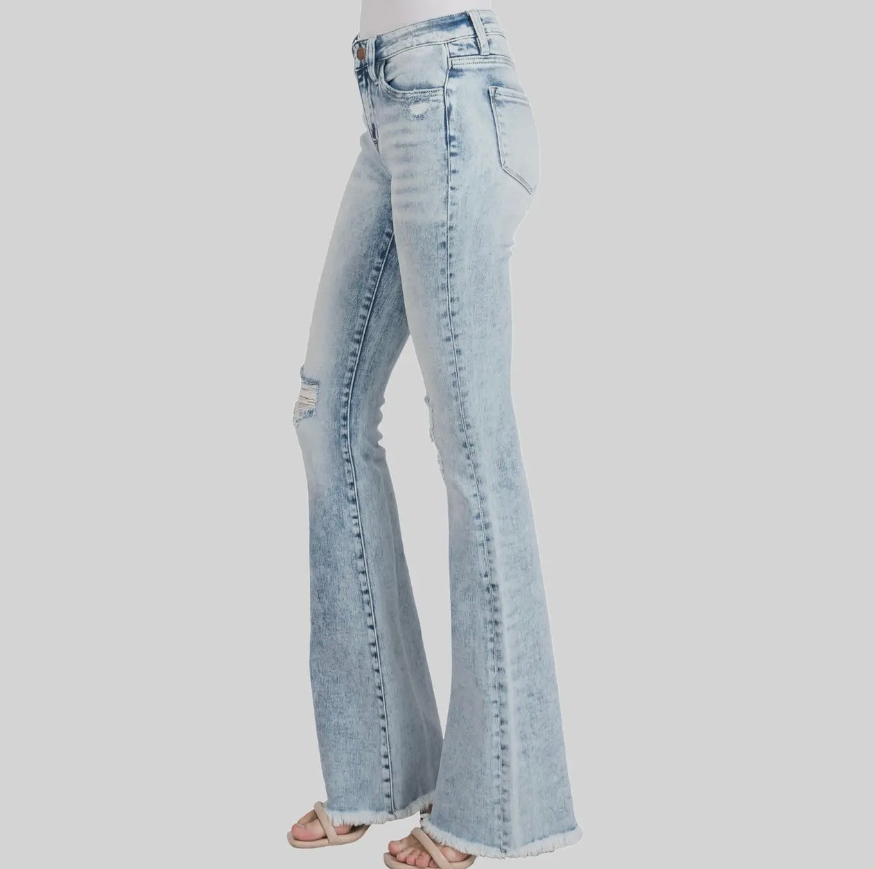 Petra153 Distressed Mid Rise Stretch
Flare Jeans