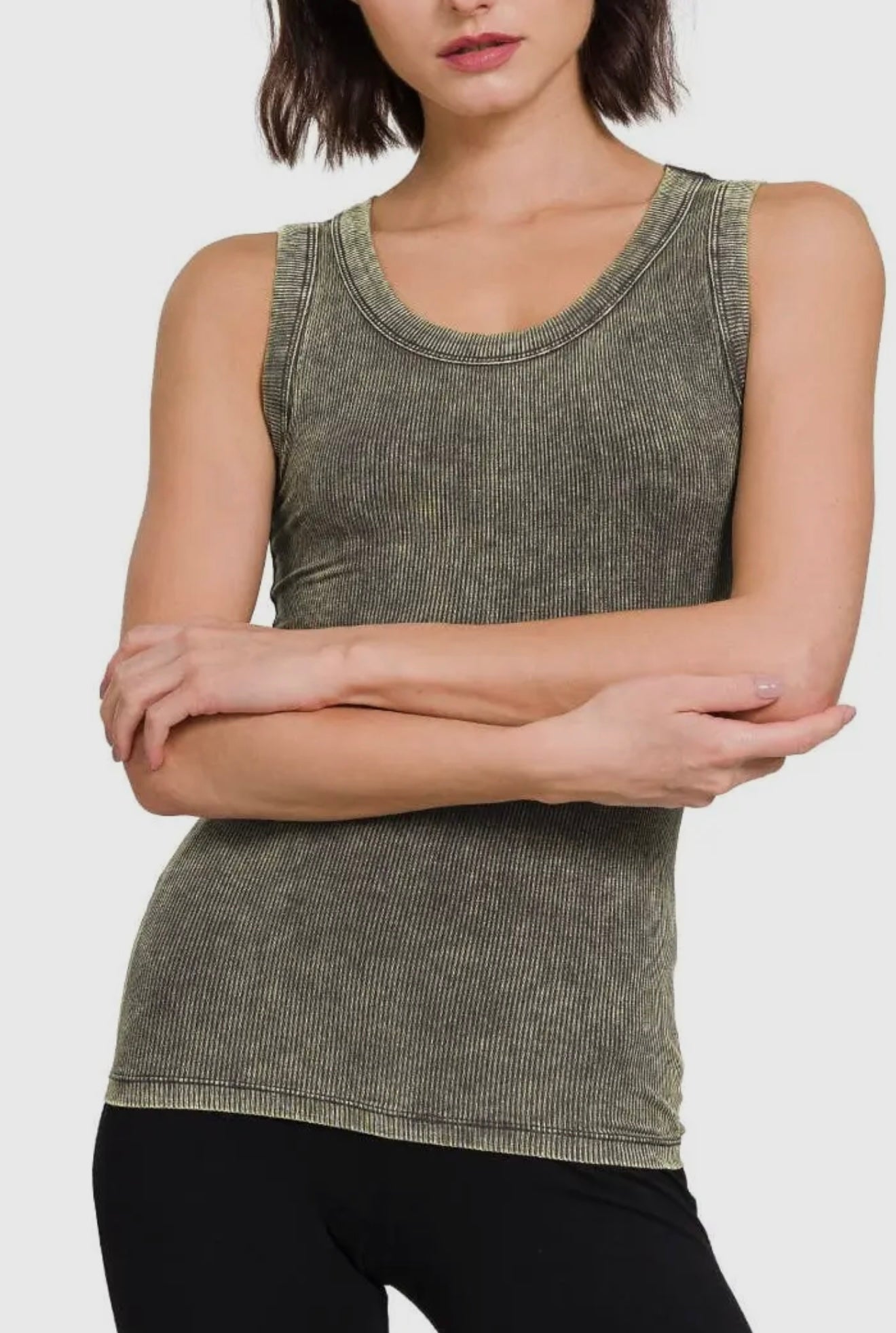 Zenana Washed Ribbed Scoop Neck Tank Top in Ash Grey