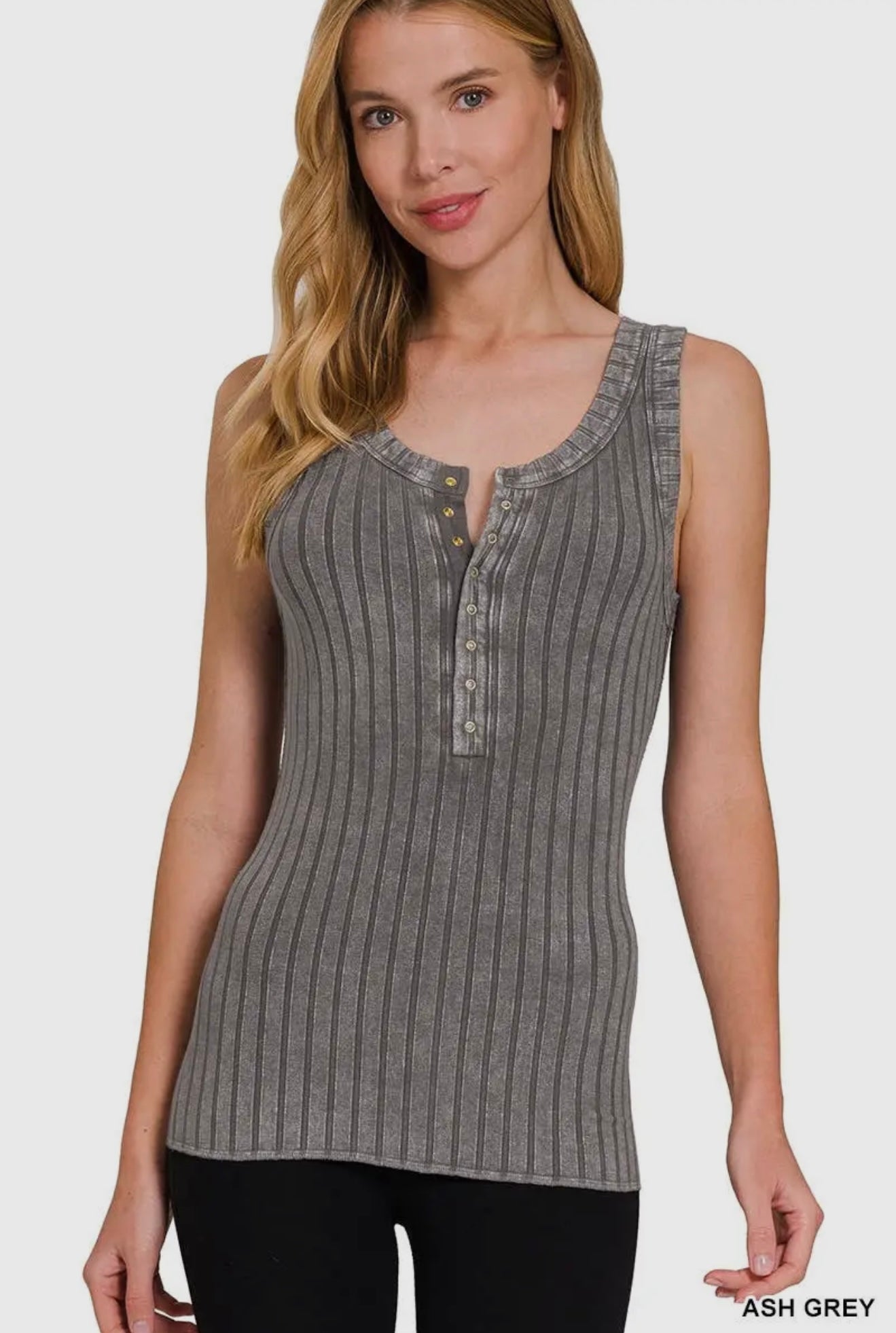 Zenana Washed Ribbed Scoop Neck Henry Tank Top in Ash Grey