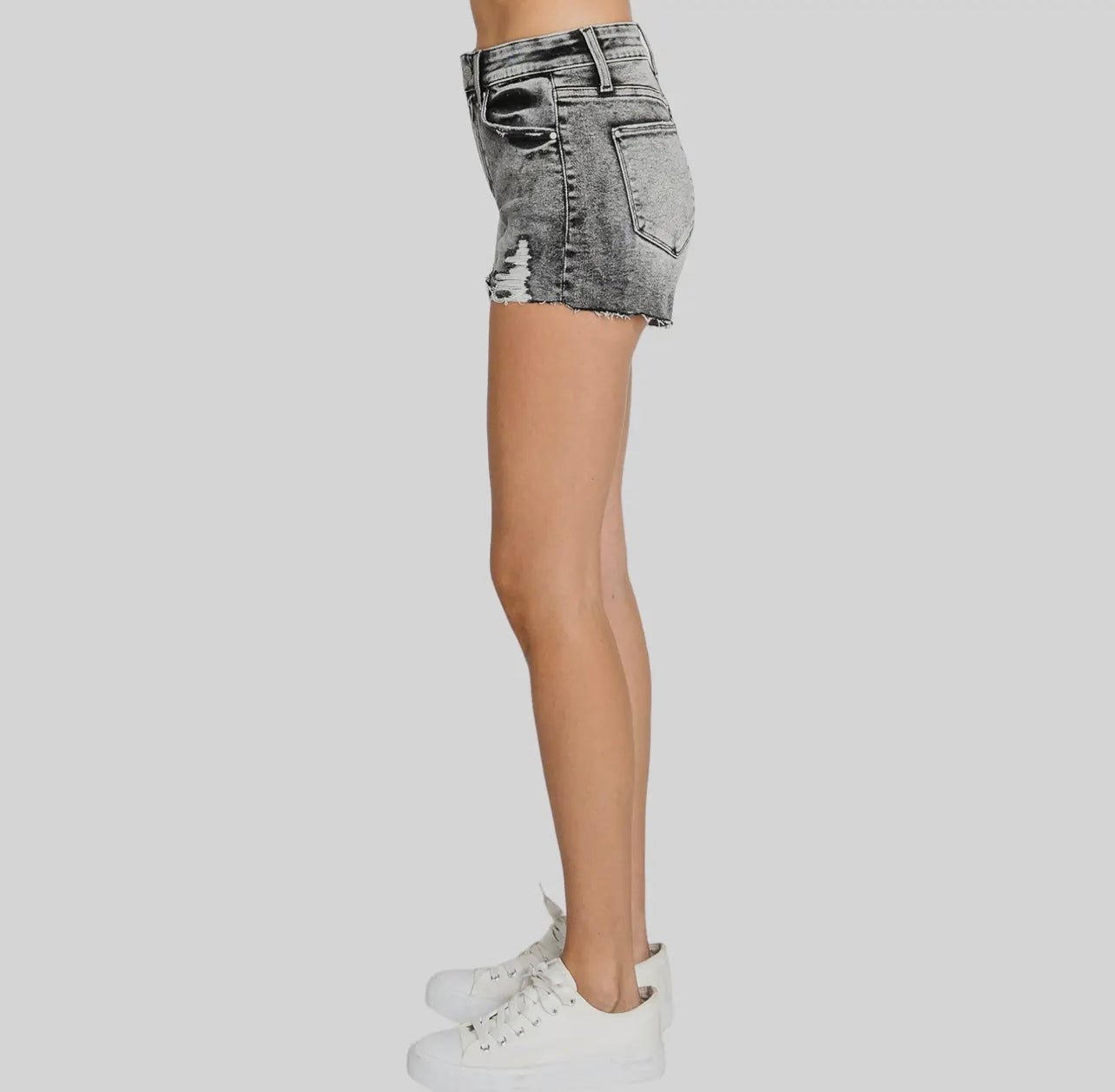 Petra153 High Rise Grey Acid Wash
Shorts with Destroyed Hem