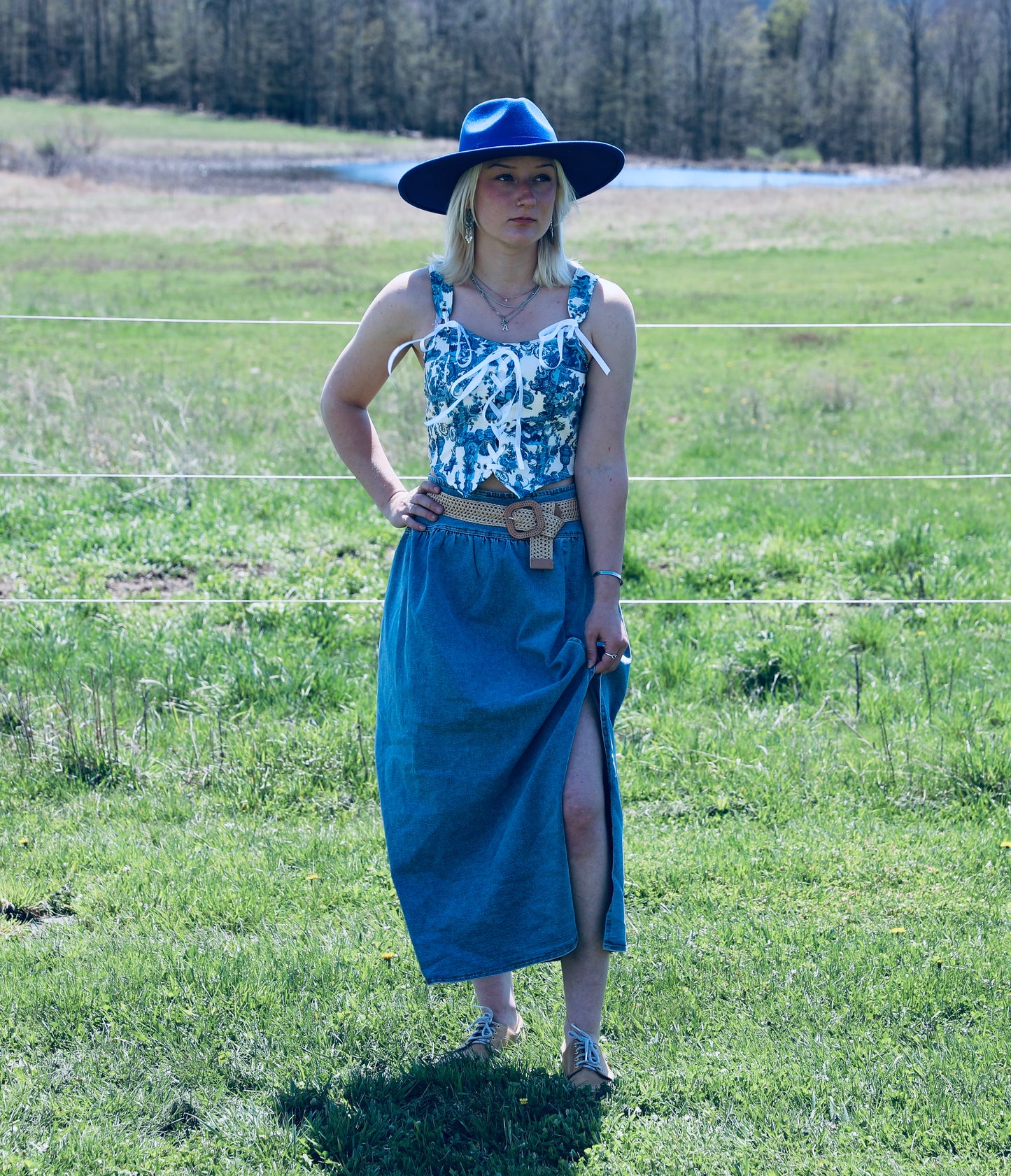 Midi Denim Skirt with Center Thigh Slit