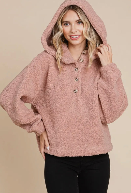 Half Button Up Hooded
Fleece Top In Blush Pullover