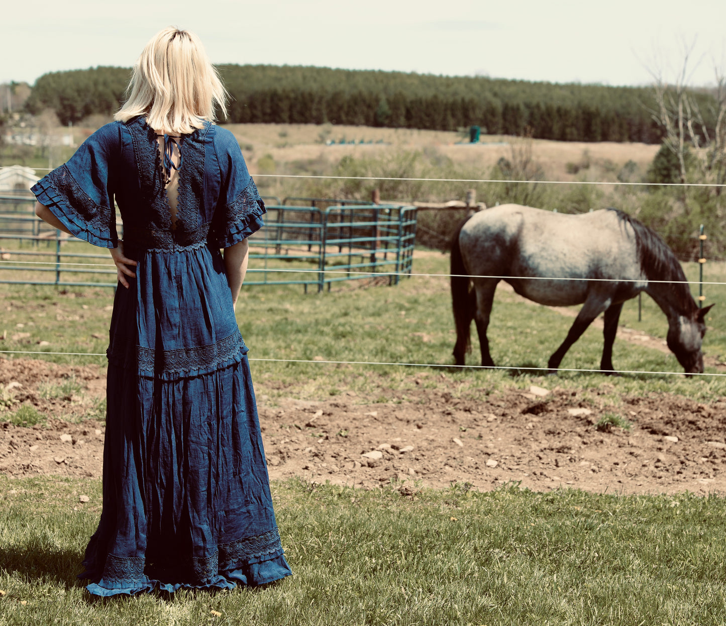 Navy V-Neck Lace Trim Maxi Dress