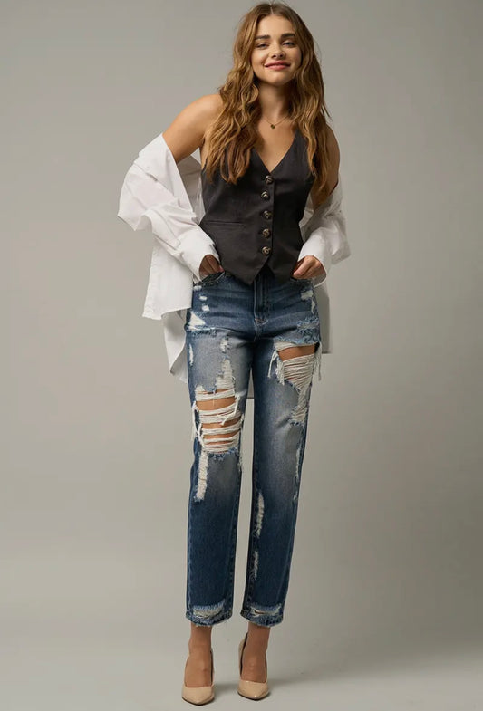 High Rise Heavy Destroyed Straight
Crop Jeans