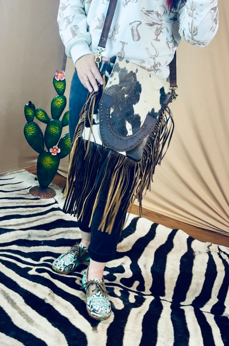 Klassy Cowgirl Brown and White Cowhide Crossbody Bag