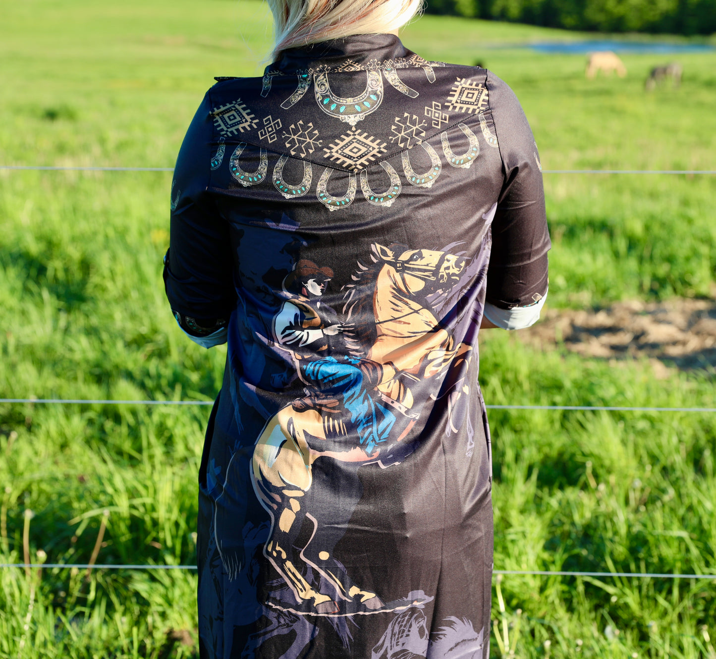 Black Riding Cowboy Aztec Button Down Dress Duster