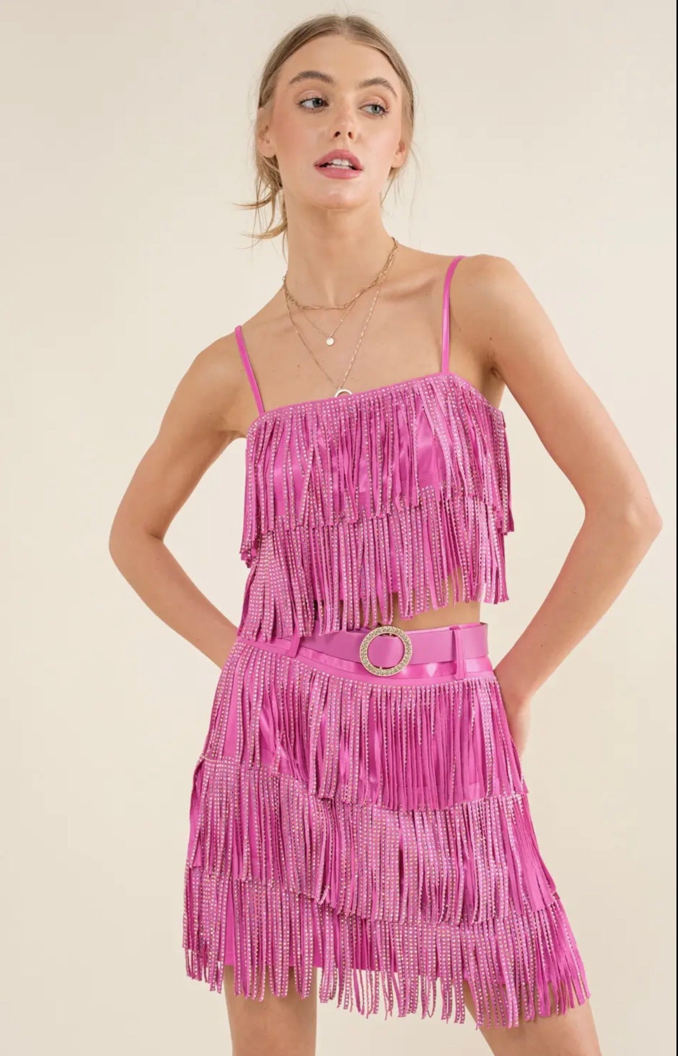Satin Studded Fringe Sparkle
Ring Belted Mini Skirt