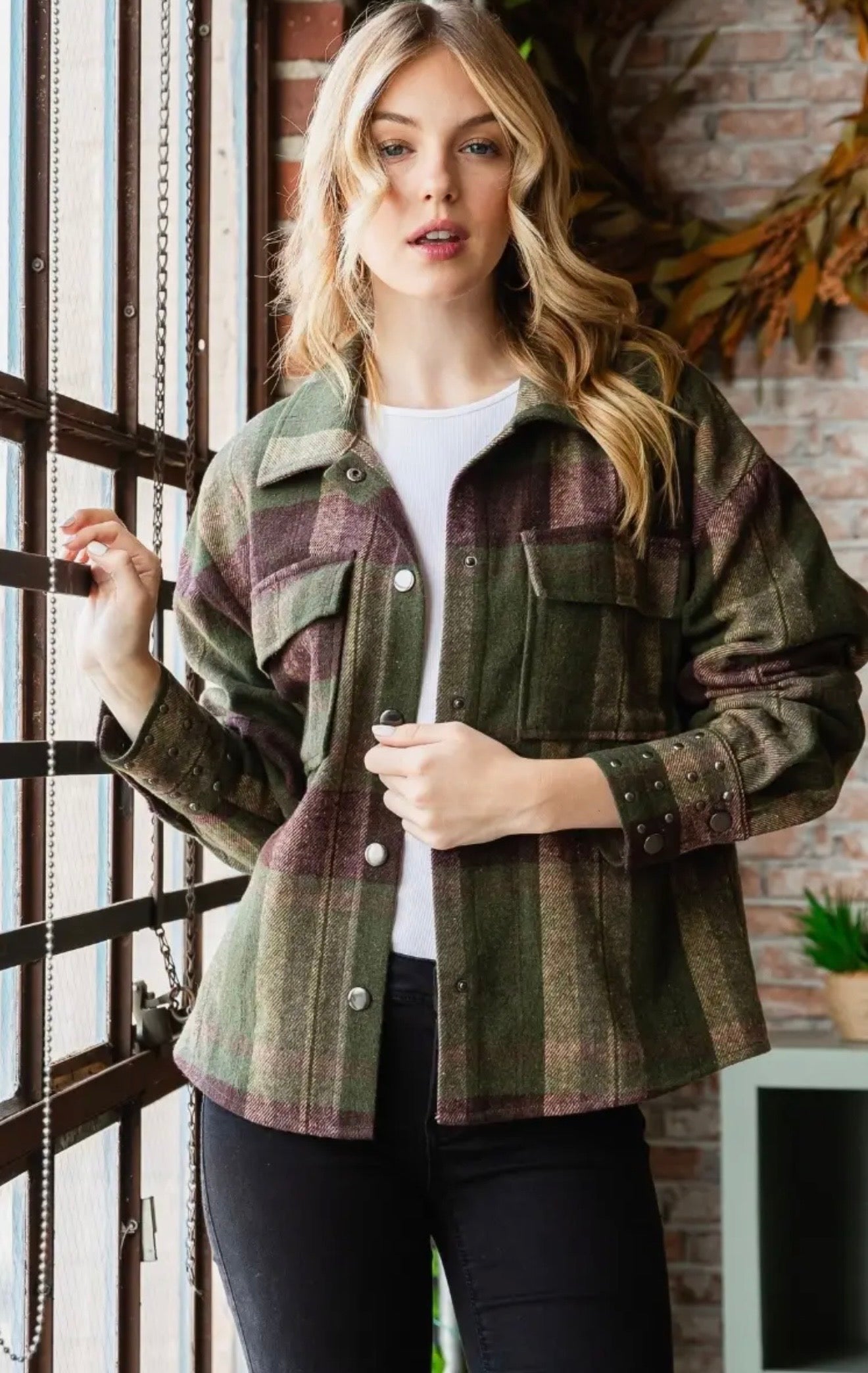 Plaid Stud Cuff Shirt Jacket in Olive